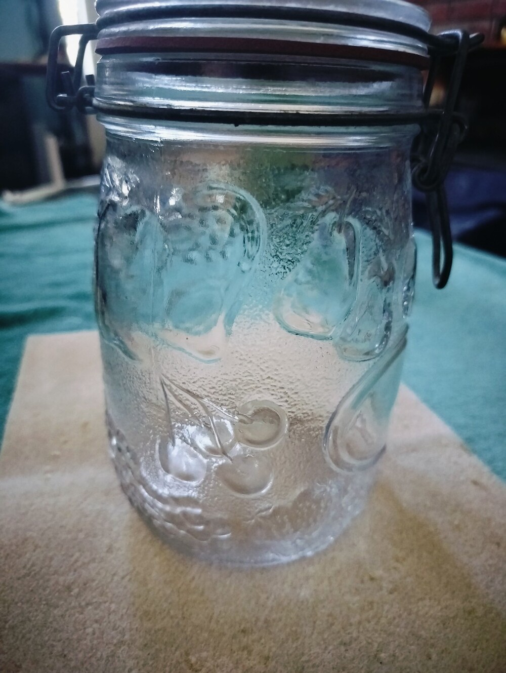 Vintage 1-Liter Embossed Fruit Glass Storage Jar with Wire Bail Clamp Lid